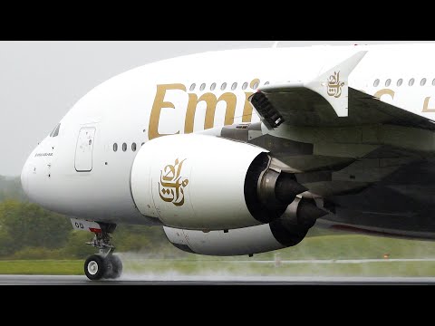 Amazing SOUND - A380 Departs with FULL POWER - Heavy Rain Departures!