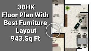 3BHK floor plan with furniture layout 943 sqft