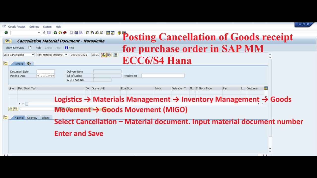 Проводка отмены поступления товара по заказу на закупку в SAP MM ECC6/S4 Hana