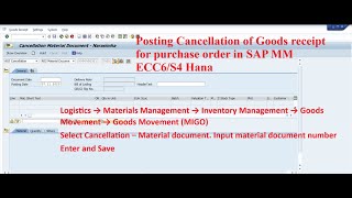 Posting Cancellation of Goods receipt for purchase order in SAP MM ECC6/S4 Hana