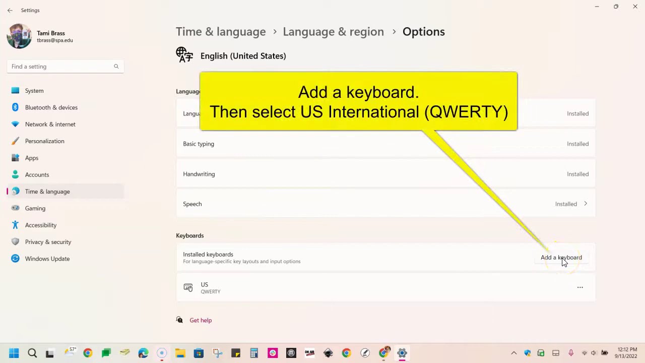 English International Keyboard in Win 11