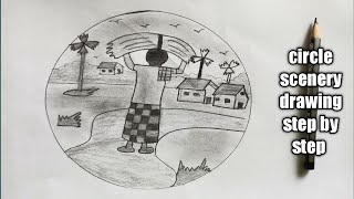 how to draw village scenery drawing in a circle step by step#pencil sketch#pencil art