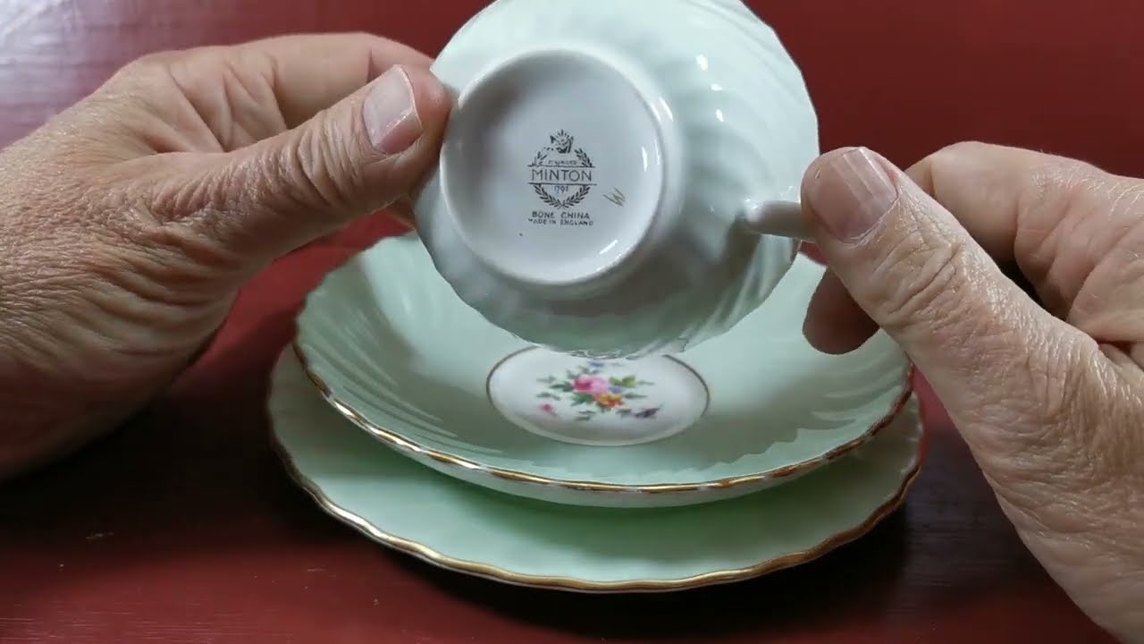 Minton Fluted Mint Green and White China Teacup Saucer & Side