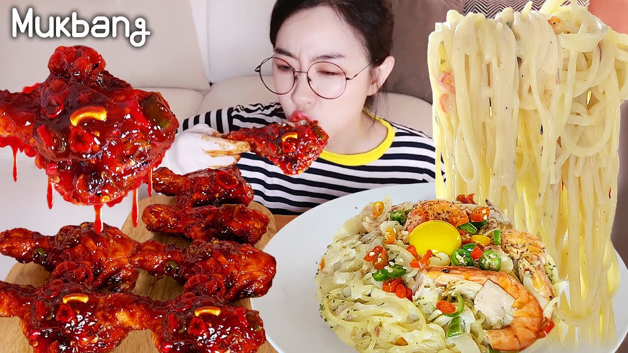 ASMR MUKBANG✨Shrimp bacon cream pasta, spicy Red king fried chicken mukbang 🍗