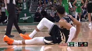 Giannis is down with a non contact leg injury and goes to the locker room vs Celtics 😳