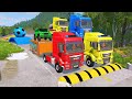 Double flatbed trailer truck vs speedbumps train vs cars  tractor vs train beamngdrive 079