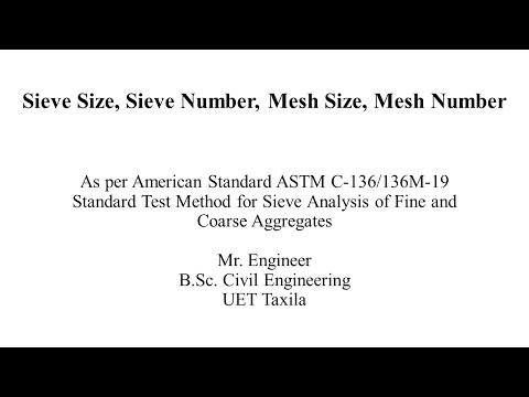 Sieve Number, Mesh Number and Mesh Sizes used in Sieve Analysis of Soil