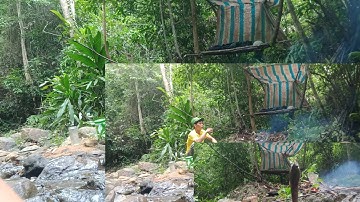 Làm nơi trú ẩn câu cá suối trong rừng ngày thứ # 1, " gặp mưa nướng cá nướng tôm ăn ở bờ suối "