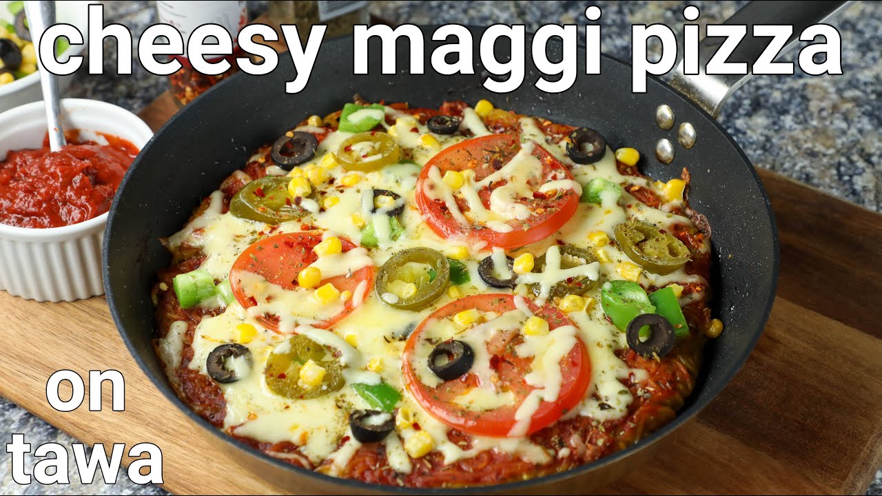 maggi noodles pizza recipe on tawa, no oven pizza | maggi noodles as pizza base | cheese maggi pizza | Hebbar Kitchen