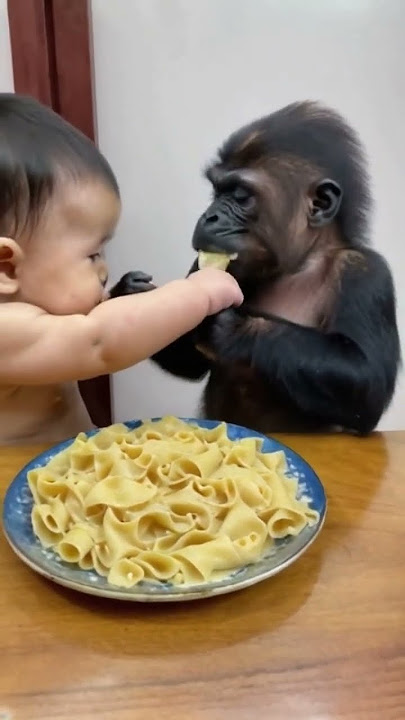Gorillas and babies grab pasta to eat #cute #lovely #baby#gorilla