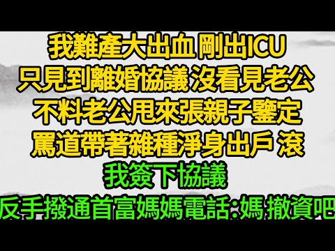 我難產大出血 剛出ICU，只見到離婚協議 沒看見老公，不料老公甩來張親子鑒定，罵道帶著雜種淨身出戶 滾，我簽下協議 反手撥通首富媽媽電話：媽 撤資吧