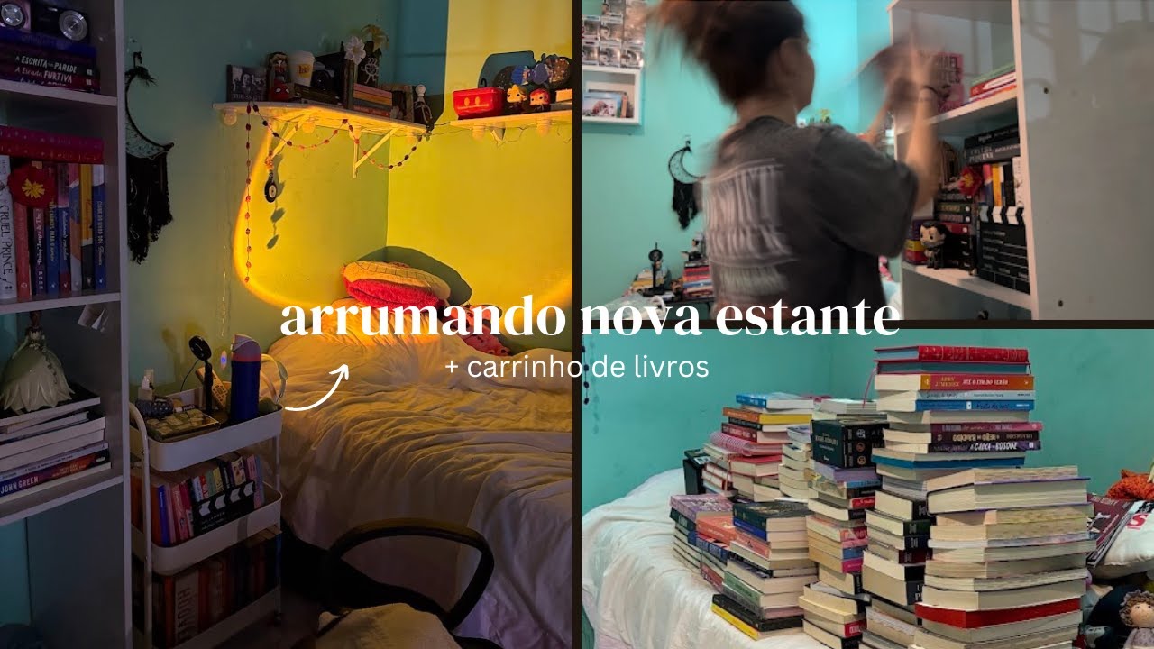 Organizando minha estante nova e um carrinho literário