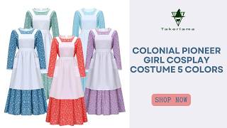 #Takerlama Women's Colonial Pioneer Girl Fancy Dress With Hat Apron Farm Prairie Maiden Maid costume