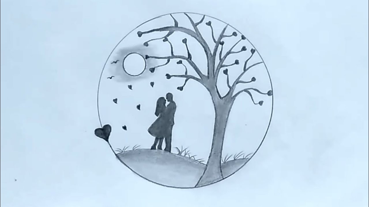 How to draw Couple with heart tree in moon in scenery Circle || Easy Drawing Sweet Couple