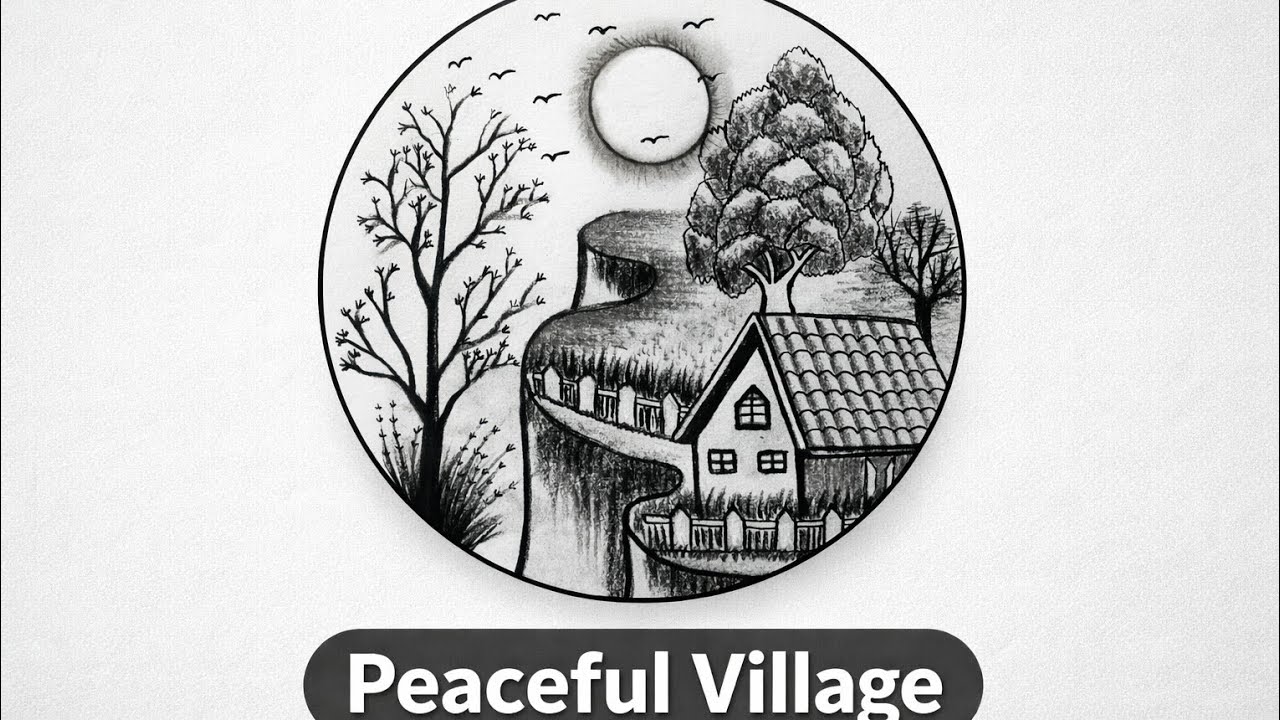 Peaceful Village Night Drawing | Calm Moonlight Scenery