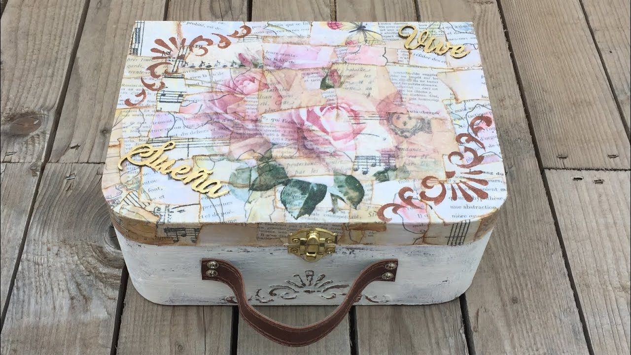 Decorar una maleta vintage de madera con mixed media