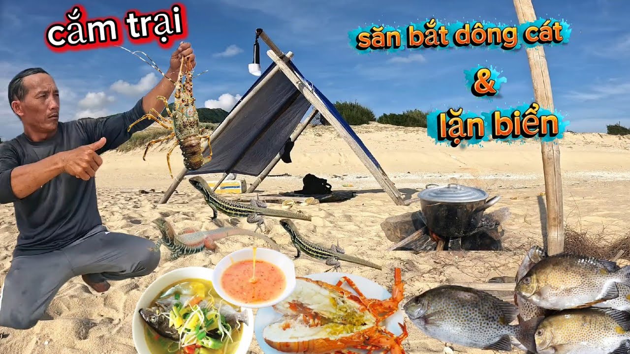 Trải nghiệm cắm trại dọc bờ biển săn bắt dông cát lặn biển tìm thức ăn | camping thuận sanh tv