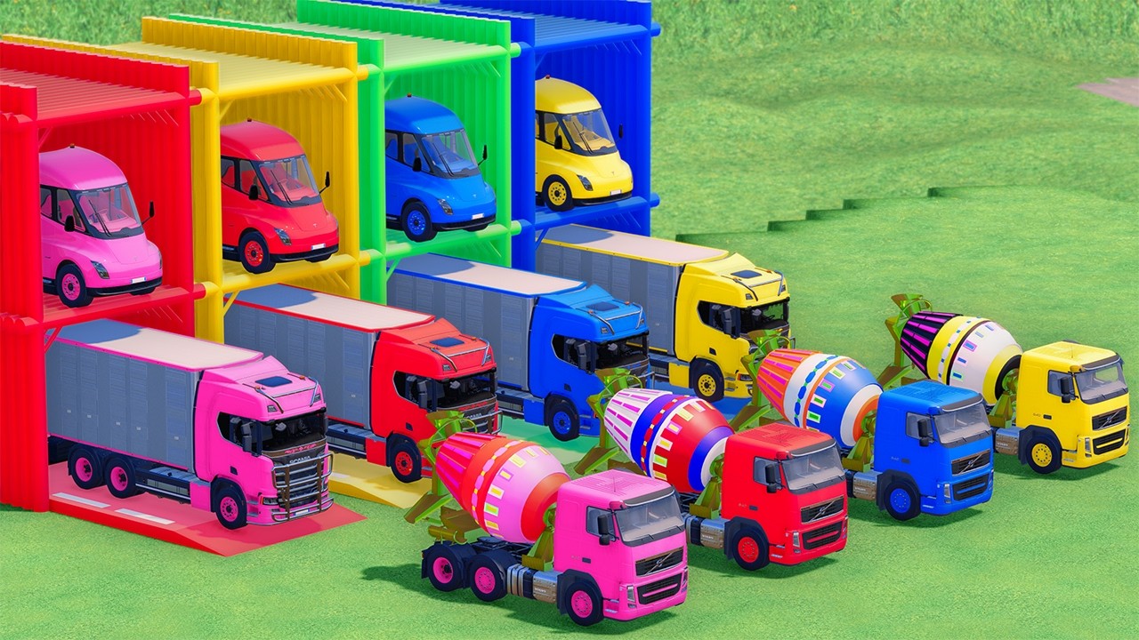 Trucks With COLORS - VOLVO MIXER TRUCK and SCANIA ANIMAL TRUCK with FLATBED TRAILER TRUCK - FS22