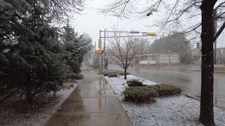 Snowy morning walk downtown Santa Fe, New Mexico