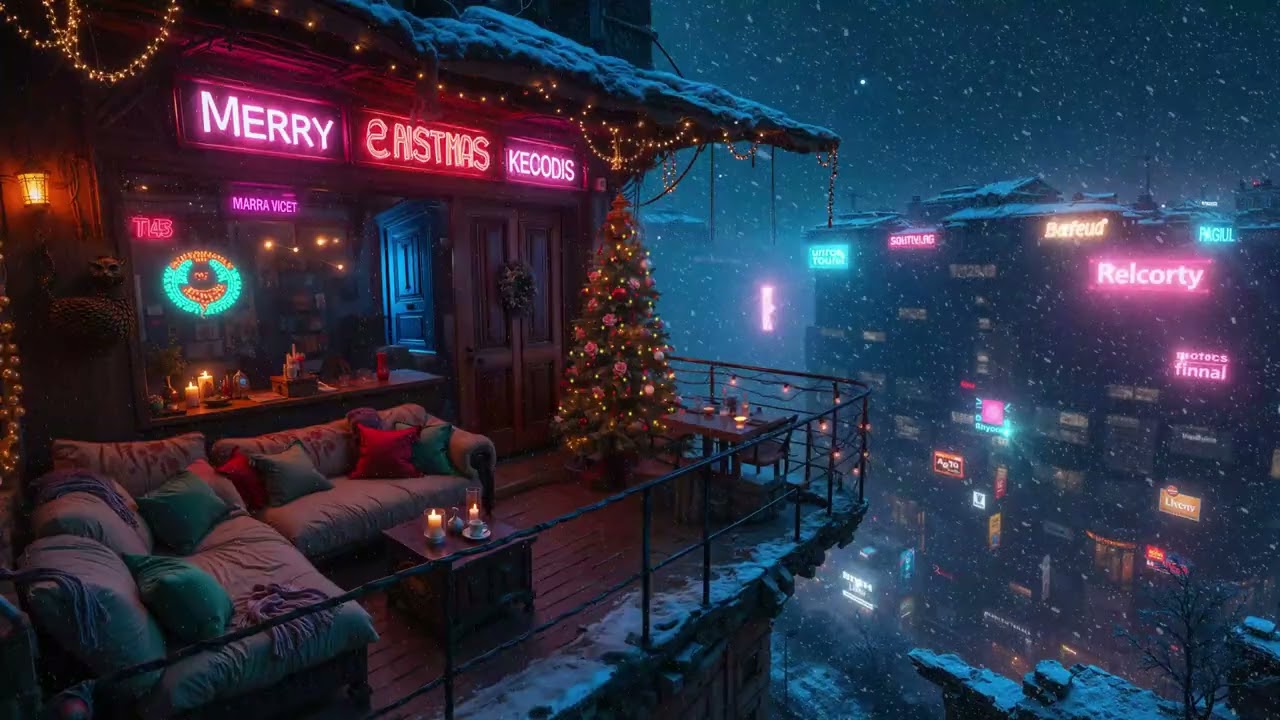 Winter Cyber City Christmas Ambience | Snowy, Candles & Relaxing Ambient Music 🎶