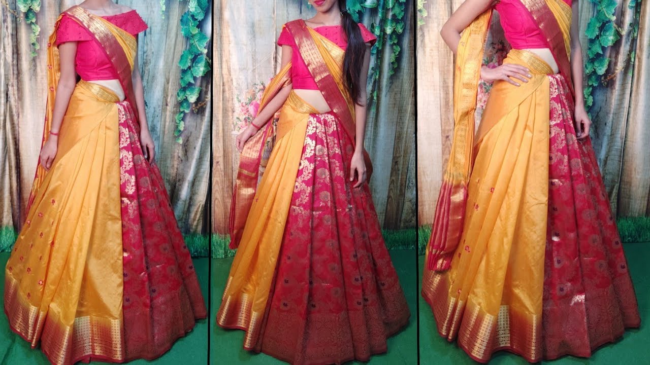 SILK SAREE DRAPING IN LEHENGA STYLE DOUBLE SAREE DRAPING LEHENGA STYLE 