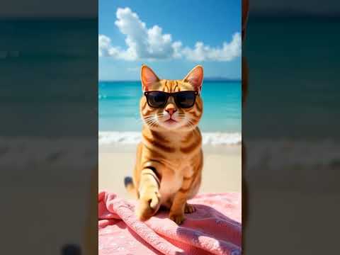 Котик на пляже #кот #котик #очки #пляж #море #нейросеть #ai #cat #beach #sea