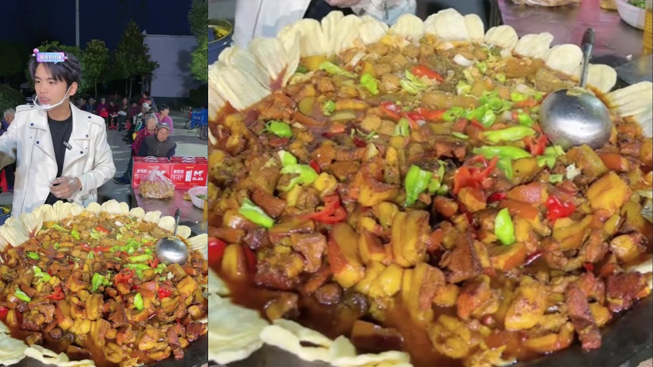 A Chinese Guy Cook Free Meals / Pork Potato Meat Noodles Food for the old on the Street in a Village