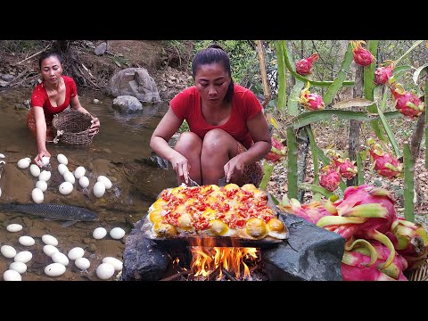 Catch fish & egg for food Egg grilled on the rock, Fish roasted with chili sauce +3 videos