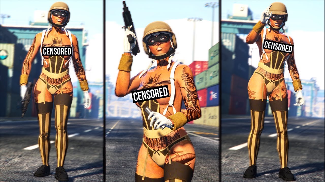 FEMALE TRYHARD NO TOP OUTFIT WITH TAN BULLETPROOF HELMET, STOCKINGS & SUSPENDERS GTA 5 ONLINE