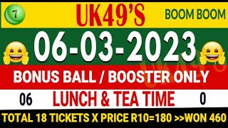 6/3/2023 UK 49s Bonus Ball for today UK 49 Lunchtime and Teatime Bonus today Win UK 49 today bonus