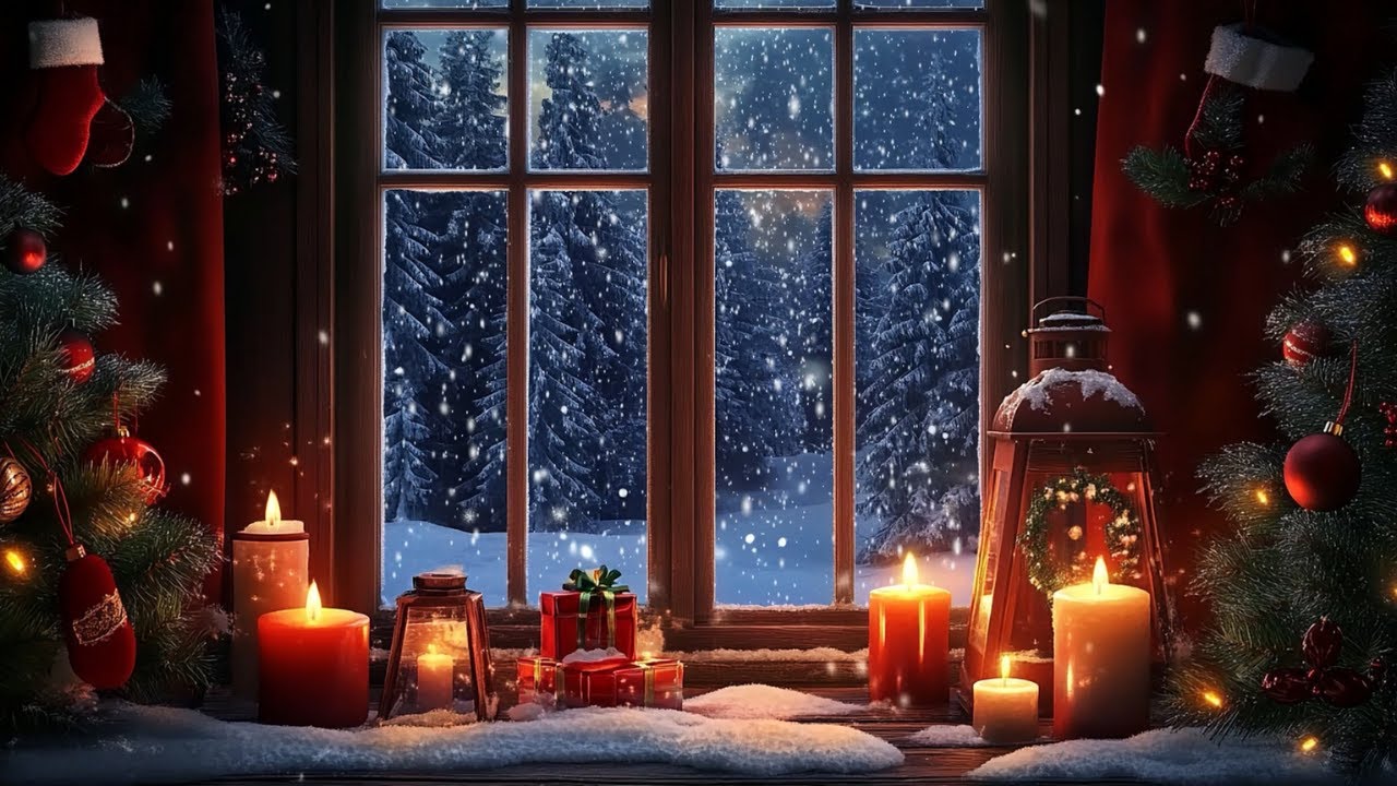 Christmas Window Scene with Piano Music and Cracking Fire Ambience |  🎅🎄❄️