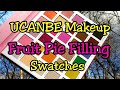 Swatches of the fun UCANBE Makeup - Fruit Pie Filling Eyeshadow Palette