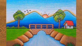Cara Menggambar Pemandangan Gunung Dan Jembatan Mudah Untuk Pemula Pemandangan Gunung Jembatan