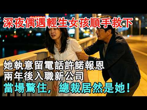 深夜偶遇輕生女孩順手救下，她執意留電話許諾報恩，兩年後入職新公司，當場驚住，總裁居然是她！#故事 #故事會 #情感故事 #講故事