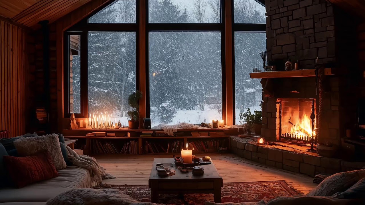 Relaxing Jazz | Sleepy Winter Cabin Night with Snowfall, Fireplace and Calm Jazz