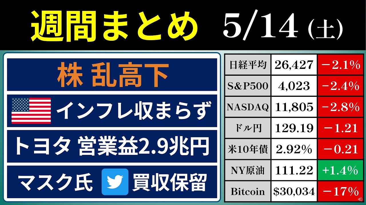 【経済ニュース】週間まとめ（2022/5/14）　株乱高下／インフレおさまらず／トヨタ決算