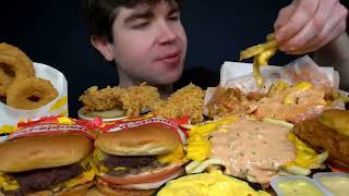 ASMR MUKBANG ANIMAL STYLE IN-N-OUT BURGERS, POPEYES CHICKEN & FRIES | WITH CHEESE & ONION RINGS