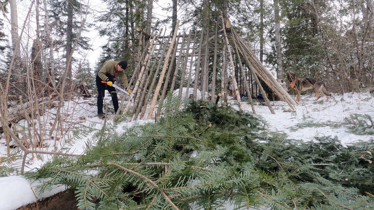 Overnight Bushcraft Snow Storm Shelter Build. Cold Canadian Winter ...