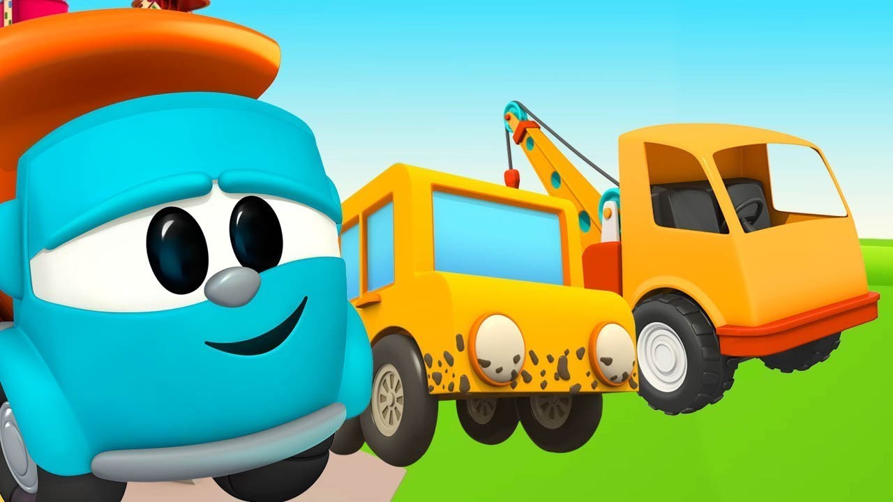 Léo o caminhão curioso. Um caminhão transportador. Coleção de desenhos  animados. 