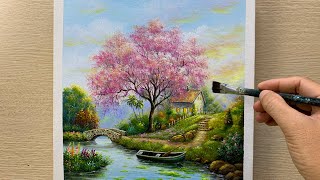 Daily Art #050 / Acrylic / Beautiful nature village landscape painting