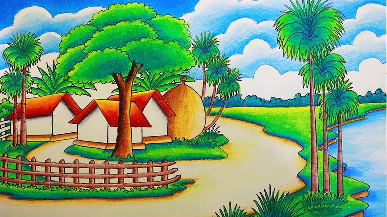 How to draw a village scenery step by step | drawing beautiful ...