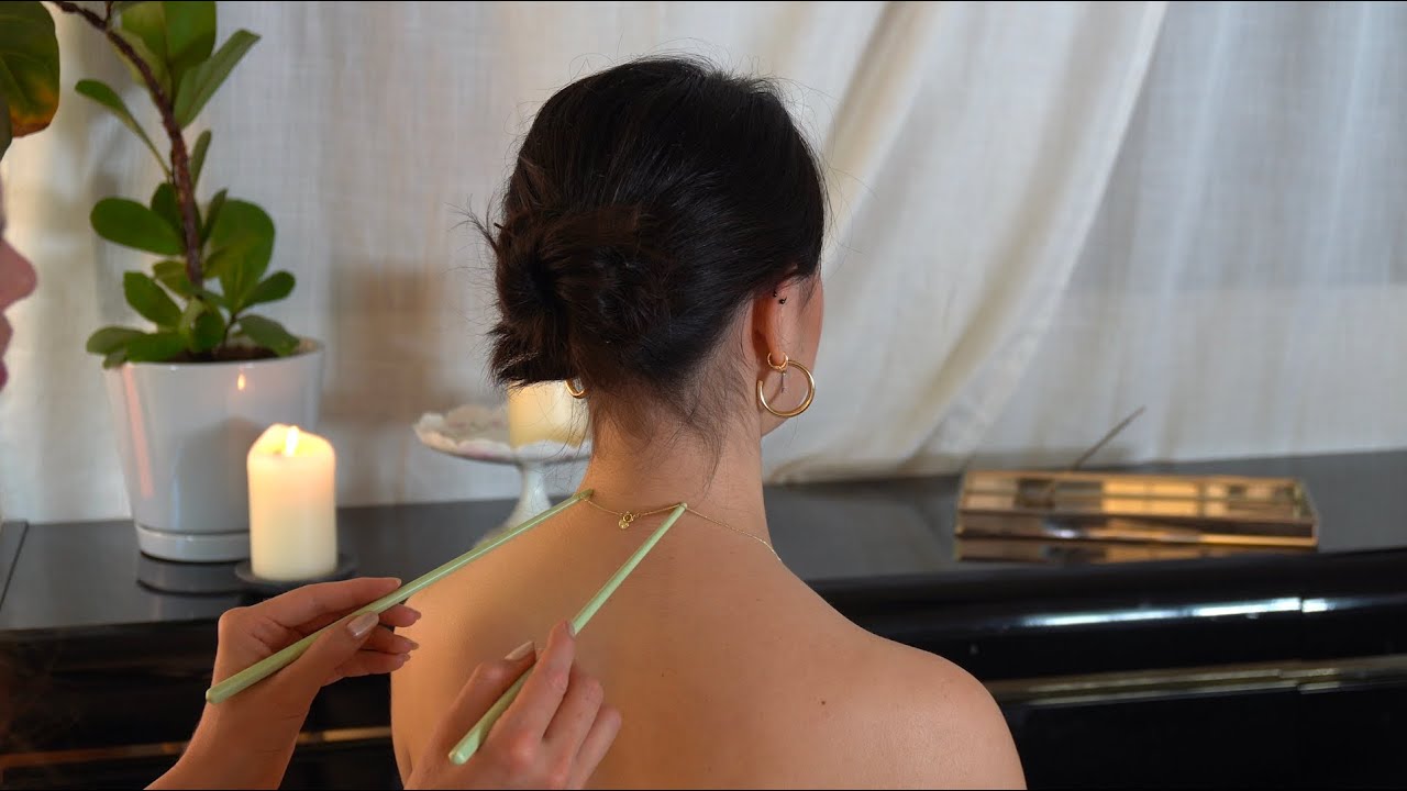 ASMR Real Person Back Tracing, Hair Play & Shoulder Massage on Hana (Whisper, Rainy Day 🌧️)