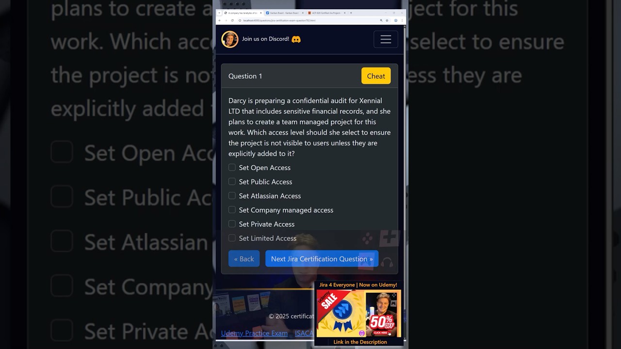 Вопрос к экзамену Jira ACP620 по уровням доступа к проектам, управляемым командой: частный, публи...