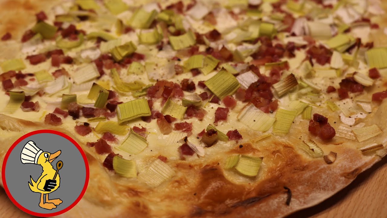 Elsässer Flammkuchen selber machen schnelle Variante mit Lauch toll zu einem Salat