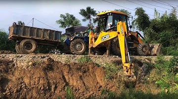 JCB Backhoe Machine Making New Drain & Loading Soil in Tractor
