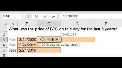 Use =CS.PRICE to get the price for any crypto asset pair on any exchange, at a specific date or time