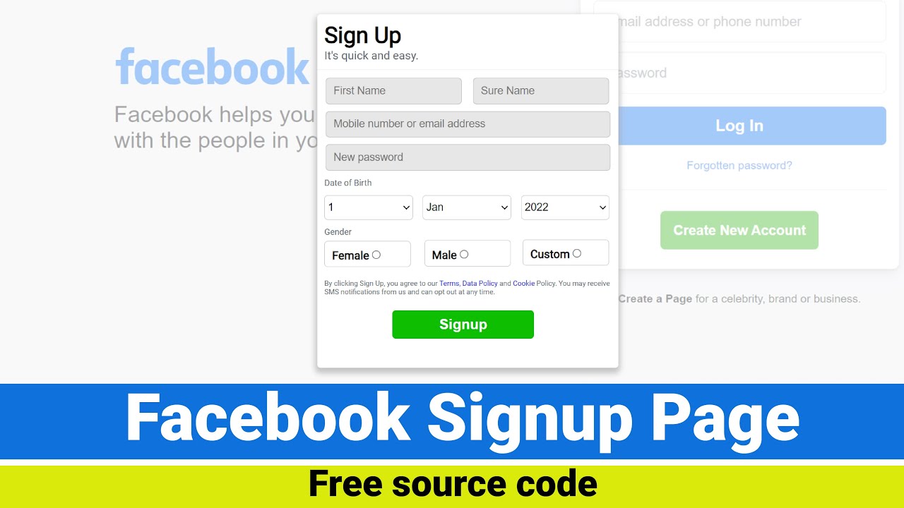 How to create facebook sign up page in html? । Facebook sign up page ...