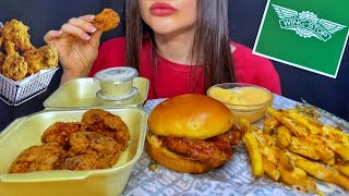 ASMR WINGSTOP FAST FOOD | EATING CHICKEN BURGER + CHEESE FRIES MUKBANG