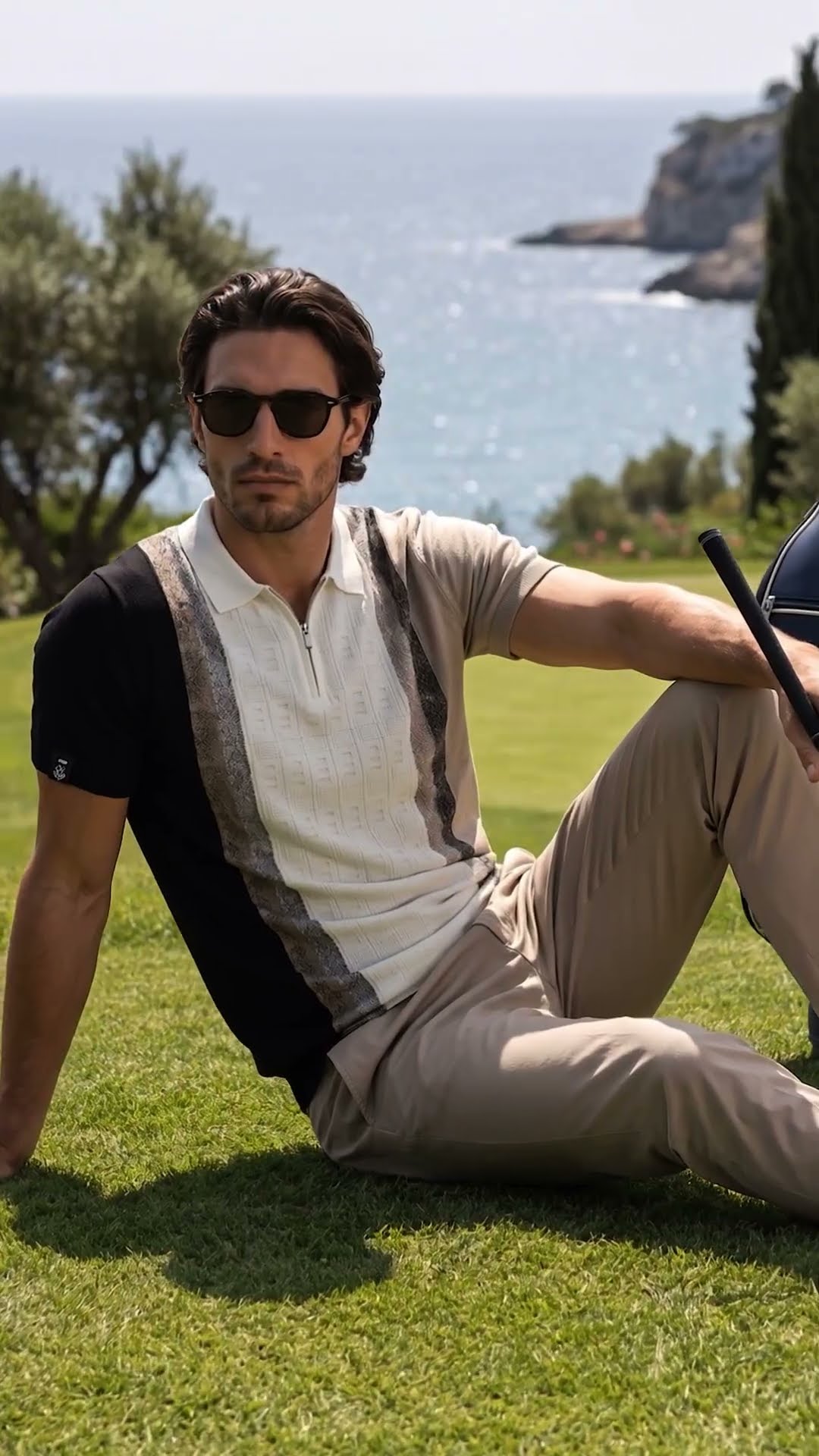 Man wearing sunglasses seated on a coastal lawn