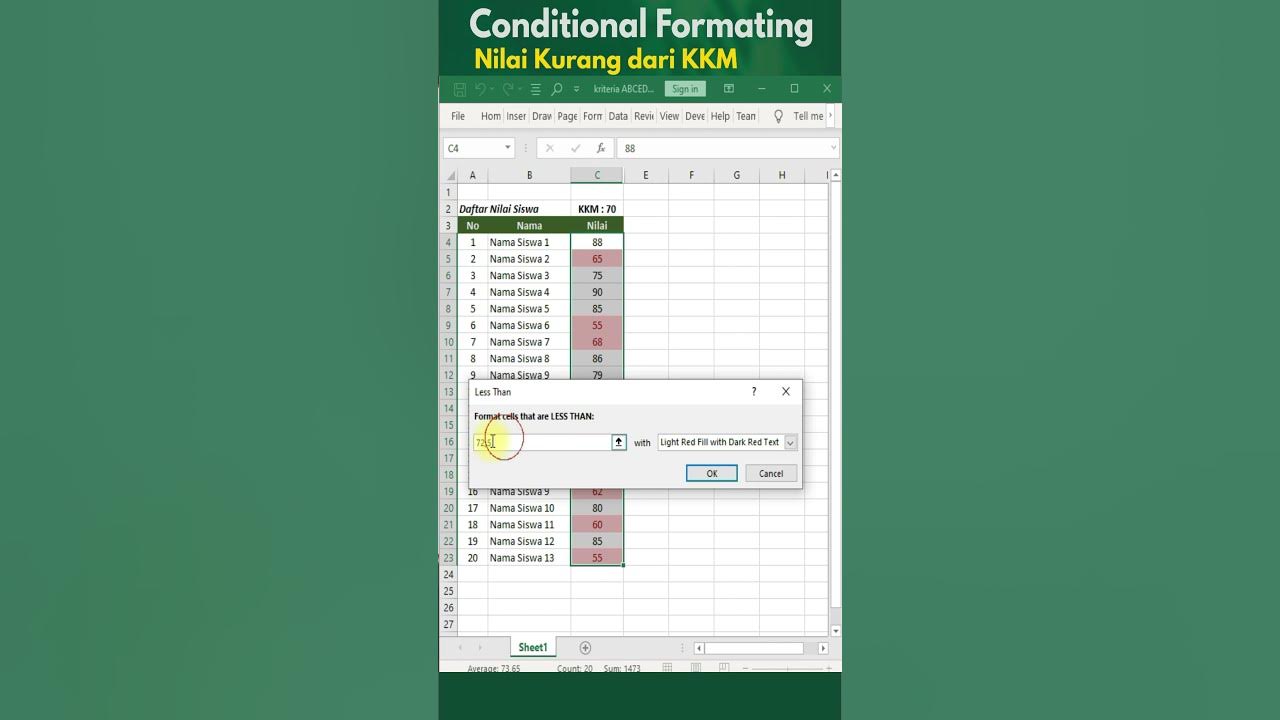 Memberi warna otomatis di excel nilai kurang dari conditional
